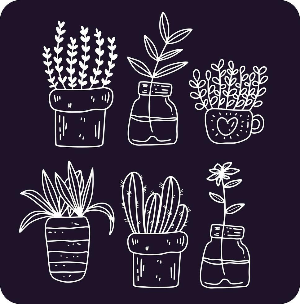 set of plant in pot hand drawn design vector