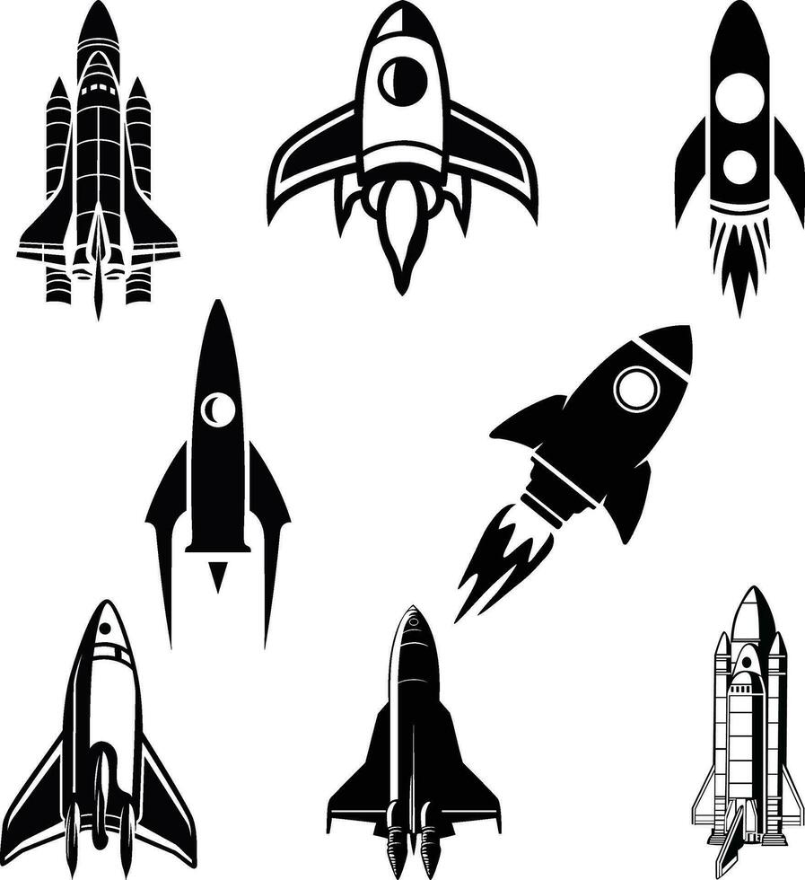 Set of black and white vector rockets
