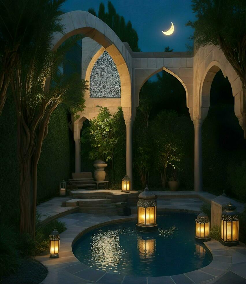 AI Generated. AI Generative - Dusk's Elegance - An Enchanted Islamic Courtyard photo