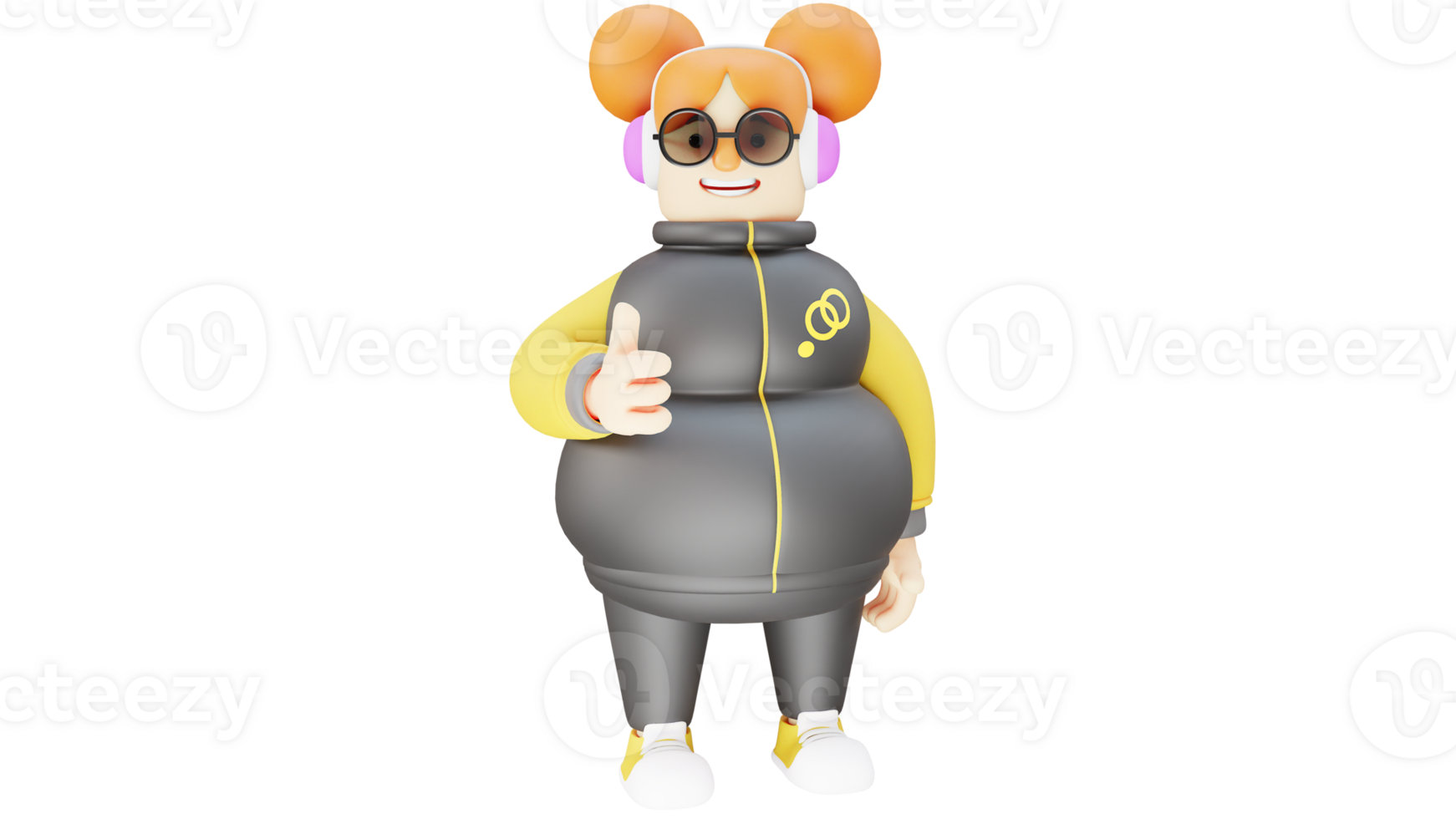 3D illustration. Fat Girl 3D Cartoon Character. Cute girl wearing pink headphones. Girl wearing a gray jacket. Smiling girl while giving a thumbs up sign. 3D cartoon character png