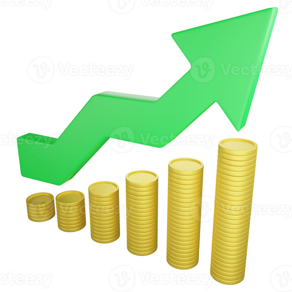 Profit graph and coin stack up icon on transparent background ,3D render business and investment concept png