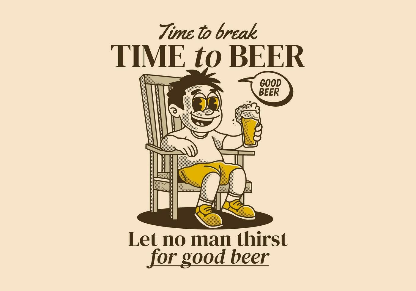 hora a descanso hora a cerveza, Clásico ilustración de un hombre sentar en el silla y participación un vaso de cerveza vector