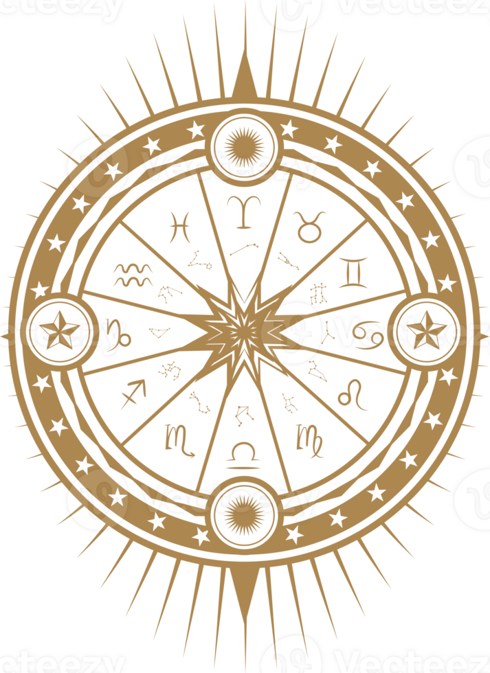 Astrology wheel with zodiac signs, vintage frame divine magic hand drawn antique illustration. png