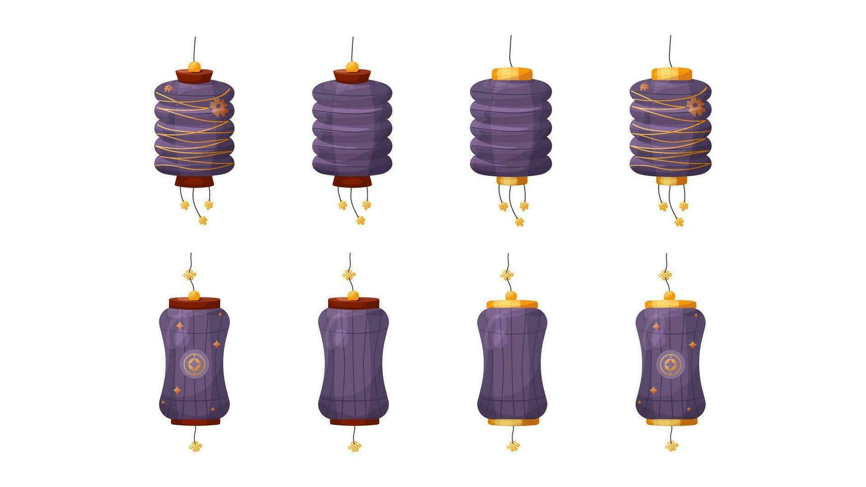 Vector set of purple Chinese lanterns with and without ornaments. Symbol of Chinese New Year, Mid-Autumn Festival and Lantern festival. Isolated Cartoon style elements for compositions and cards