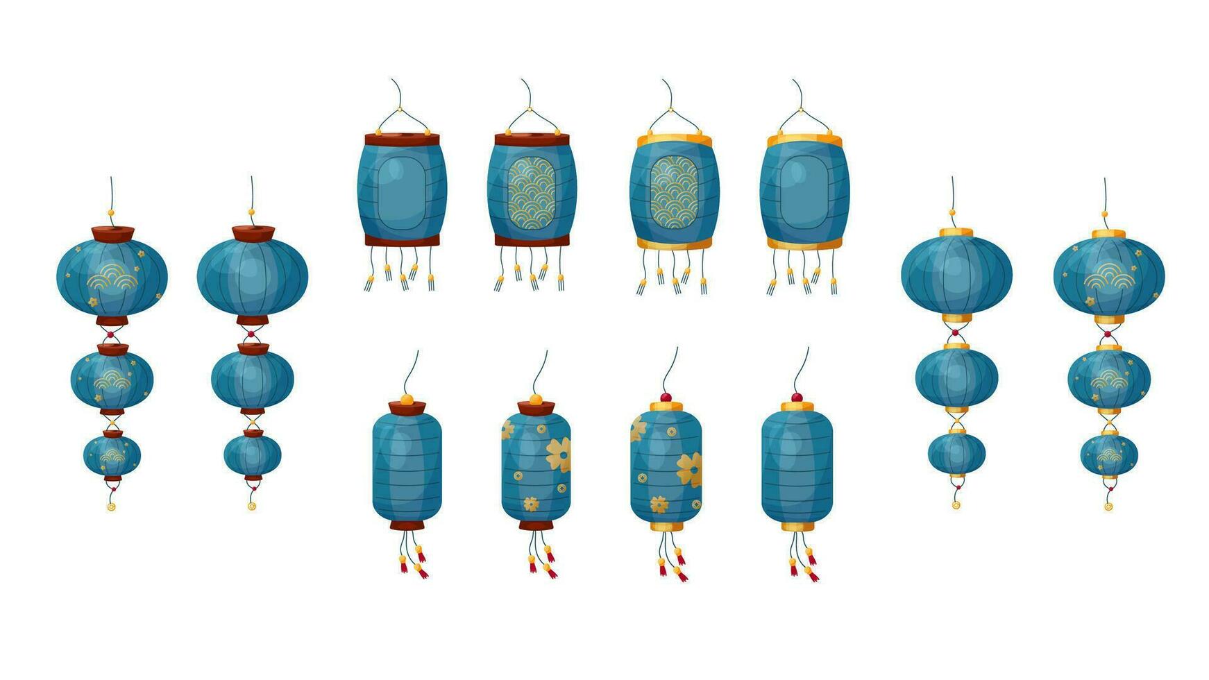 Vector cartoon style set of blue Chinese lanterns with and without ornaments. Element of Chinese New Year, Mid-Autumn Festival and Lantern festival. Collection for compositions and cards
