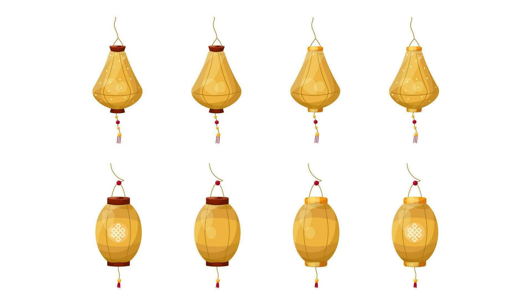 Vector cartoon style set of yellow Chinese lanterns with and without ornaments. Element of Chinese New Year, Mid-Autumn Festival and Lantern festival. Isolated elements or compositions and cards