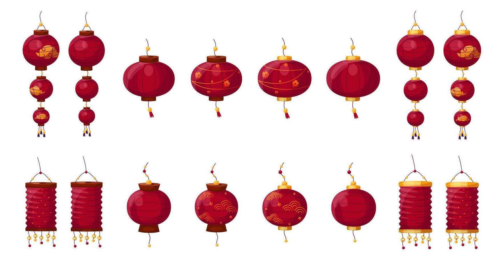 Vector set of traditional red Chinese lanterns with and without ornaments. Symbols of Chinese New Year, Mid-Autumn Festival and Lantern festival. Isolated Cartoon style elements