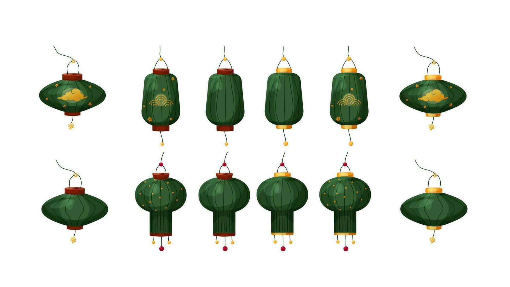 Vector set of green Chinese lanterns with and without ornaments. Symbol of Chinese New Year, Mid-Autumn Festival and Lantern festival. Cartoon style illustrations for compositions and cards