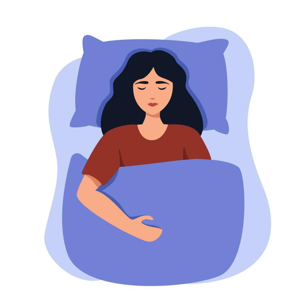 A woman is lying in bed, the woman is fast asleep. Sweet dreams banner. Happy young woman fast asleep and sleeping well. Healthy sleep. Flat vector illustration. Good night.