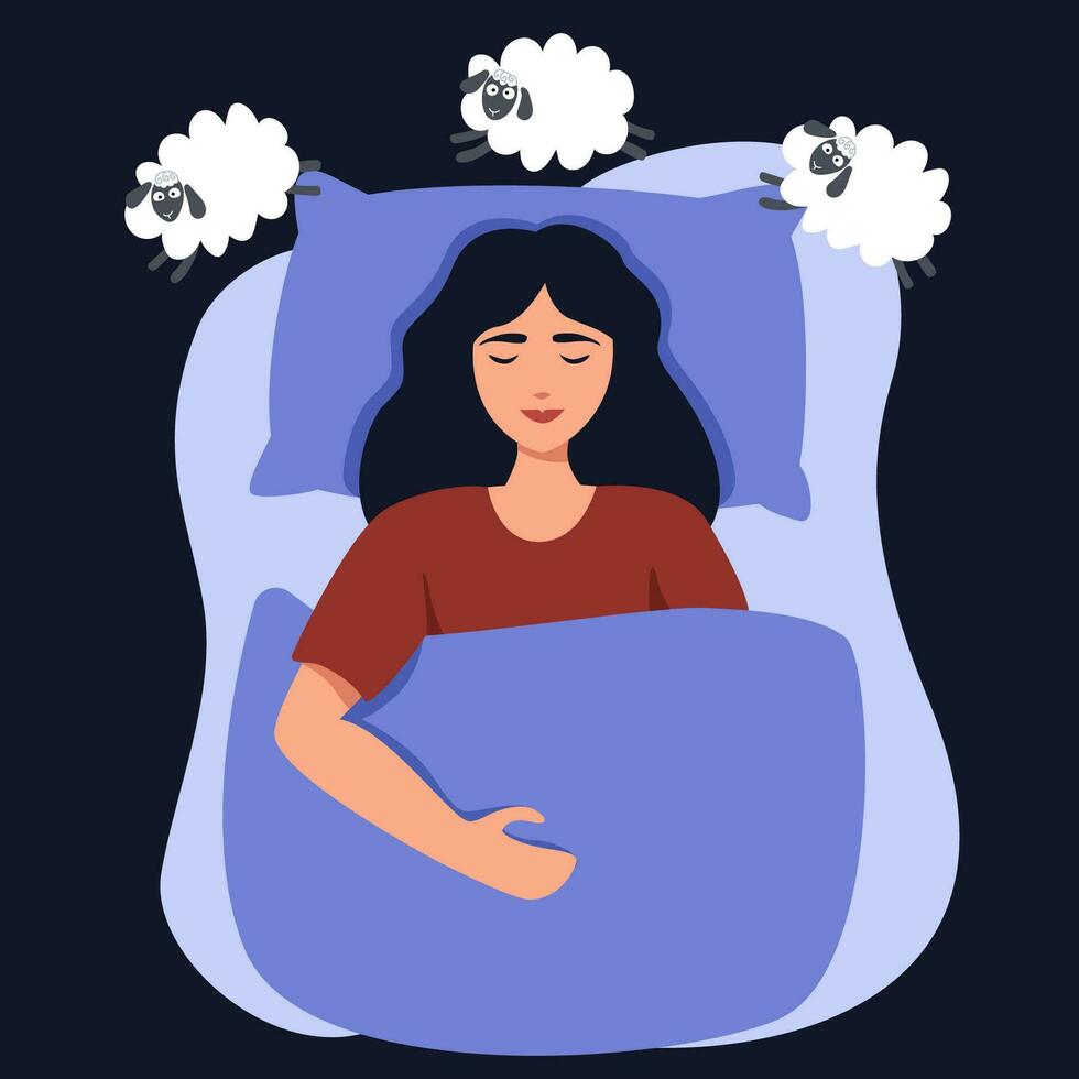 A woman is lying in bed, a woman is fast asleep, counting sheep. Sweet dreams banner. Happy young woman fast asleep and sleeping well. Healthy sleep. Flat vector illustration. Good night.