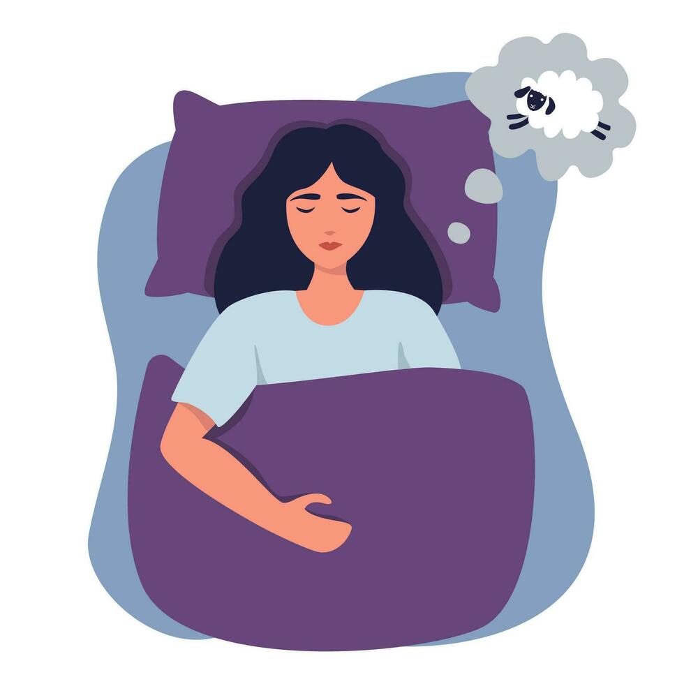 A woman is lying in bed, a woman is fast asleep, counting sheep. Sweet dreams banner. Happy young woman fast asleep and sleeping well. Healthy sleep. Flat vector illustration. Good night.
