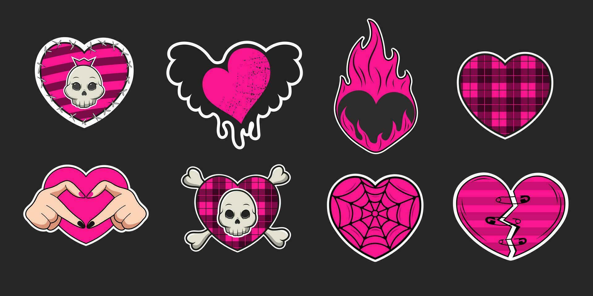 Set of trending emo stickers of hearts of the 2000s in black and acid pink colors. Hearts with skulls, with wings, heart made of fingers, broken heart with pins, with checkered pattern. vector