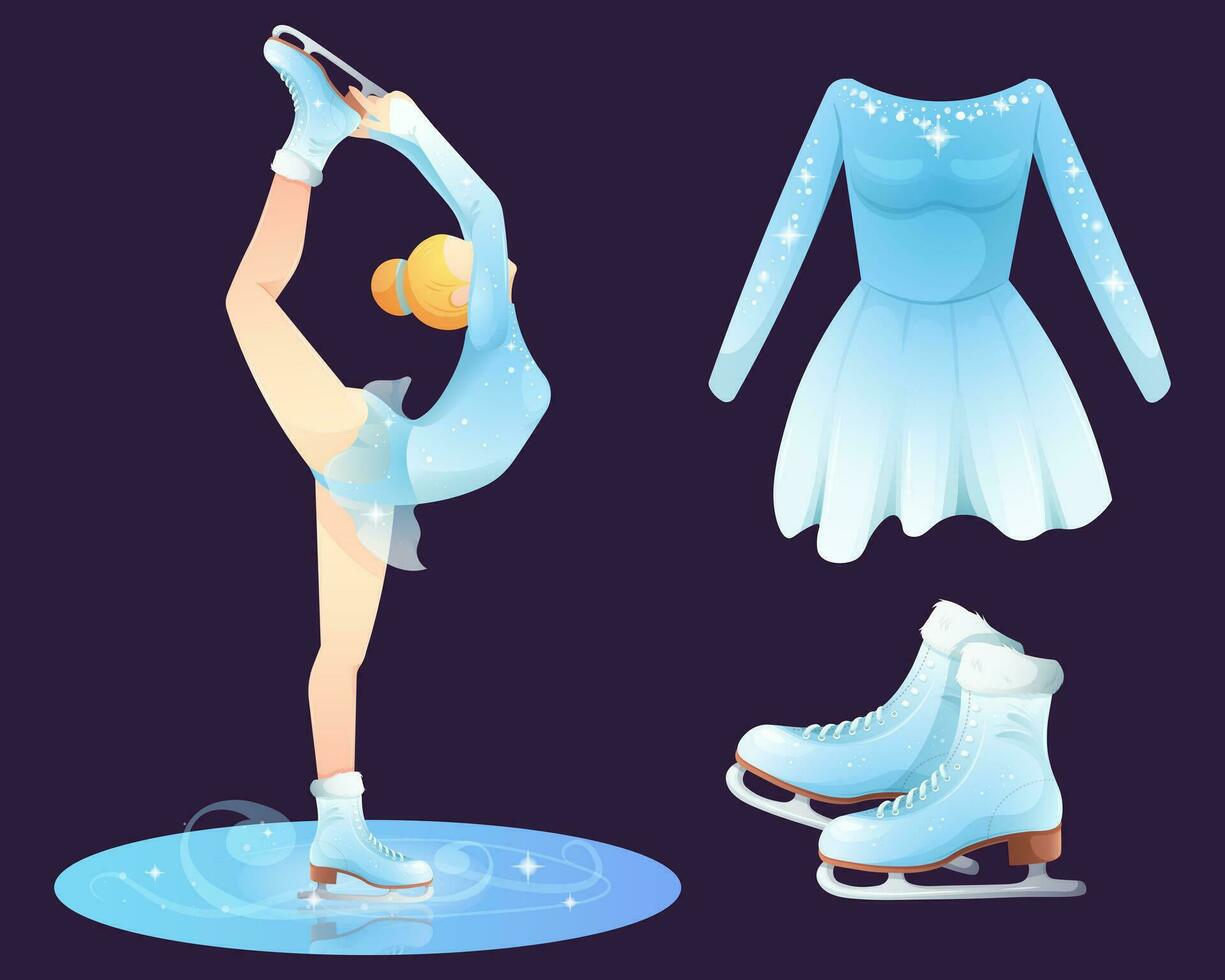 Set for figure skating and winter sports games. Ice blue skates, sports dress, ice skater with her foot up vector