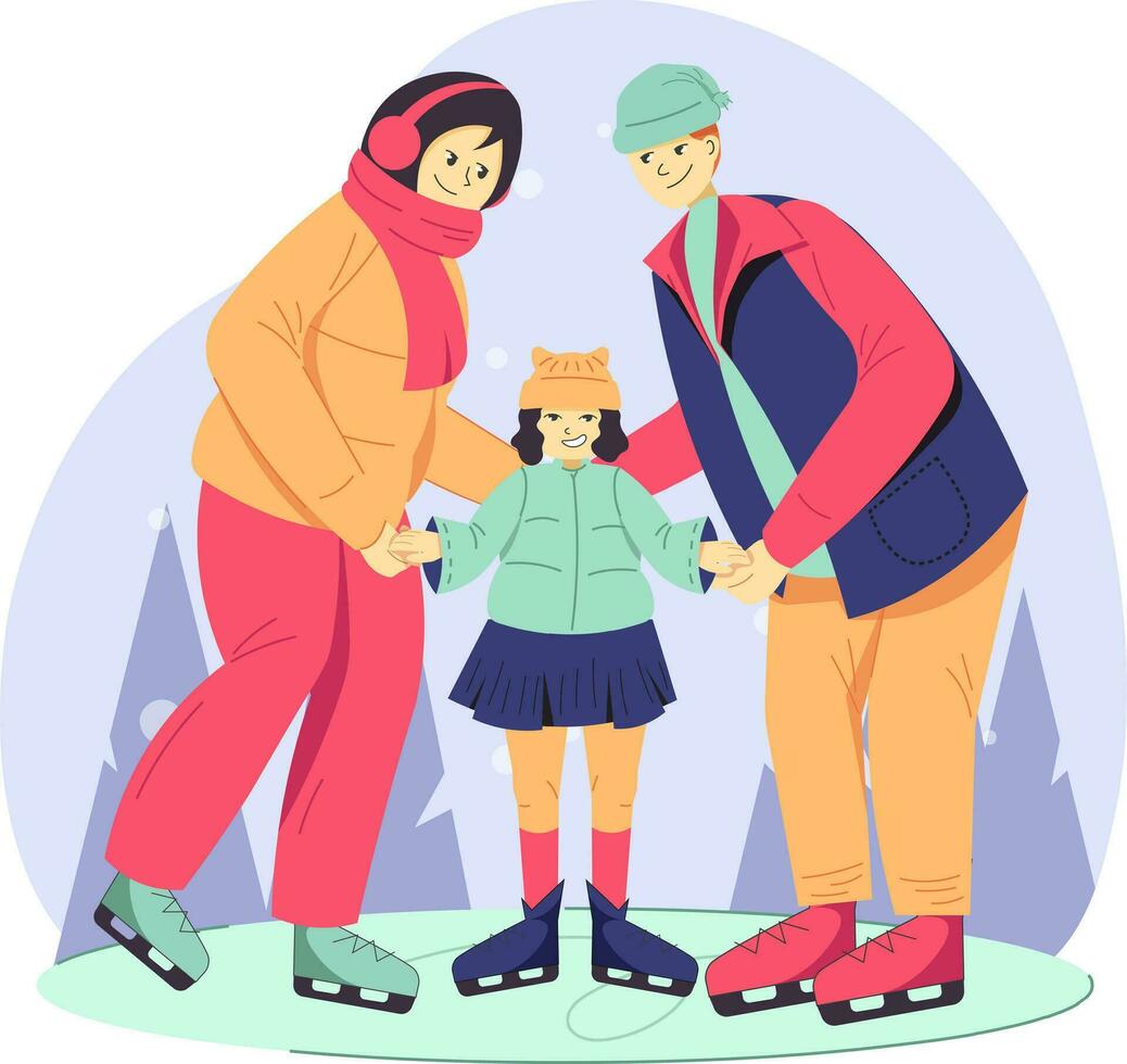 Happy skating family. Girl, mom and dad on the ice rink. Vector illustration of flat people for winter games, events