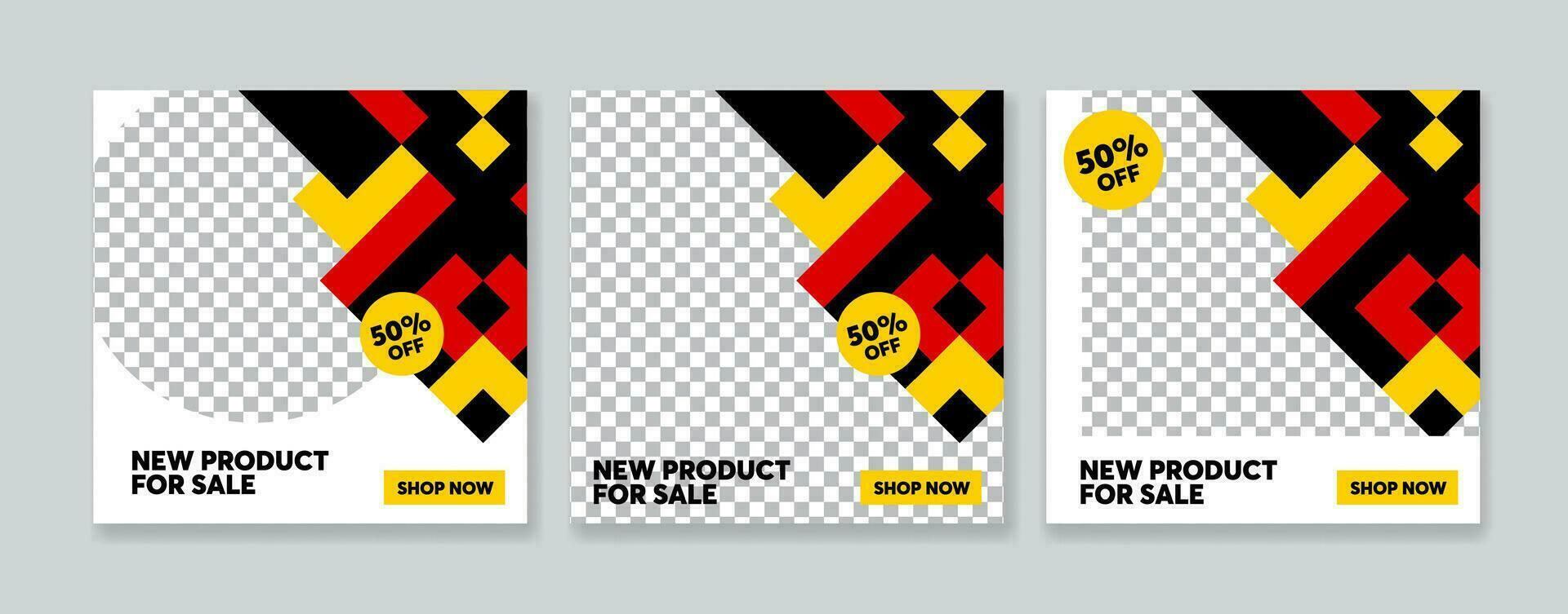 Set of Editable minimal square banner template. Black, red and yellow background color with stripe line shape. Suitable for social media post and web internet ads. vector