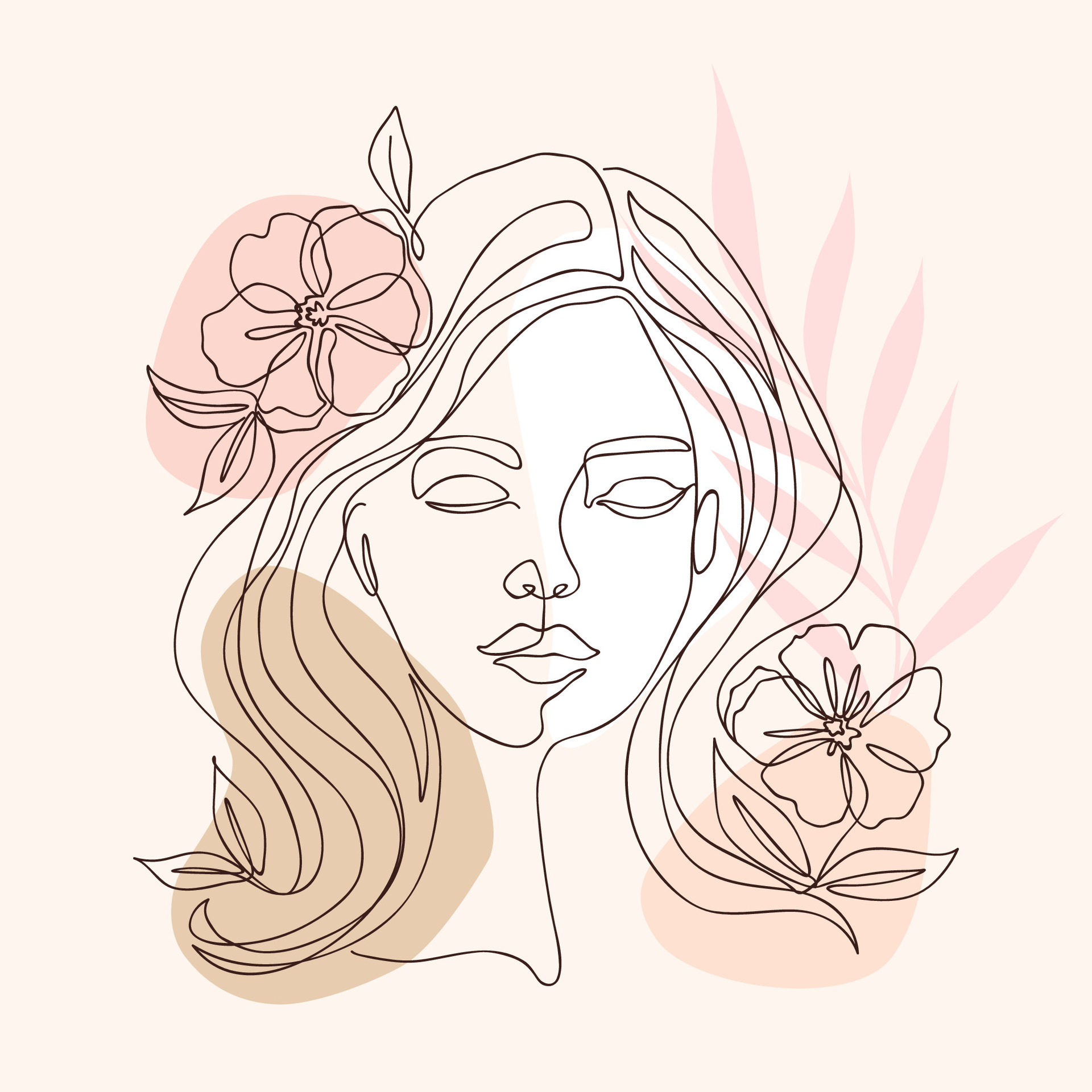 One line drawing of beautiful girl face with flowers. Vector
