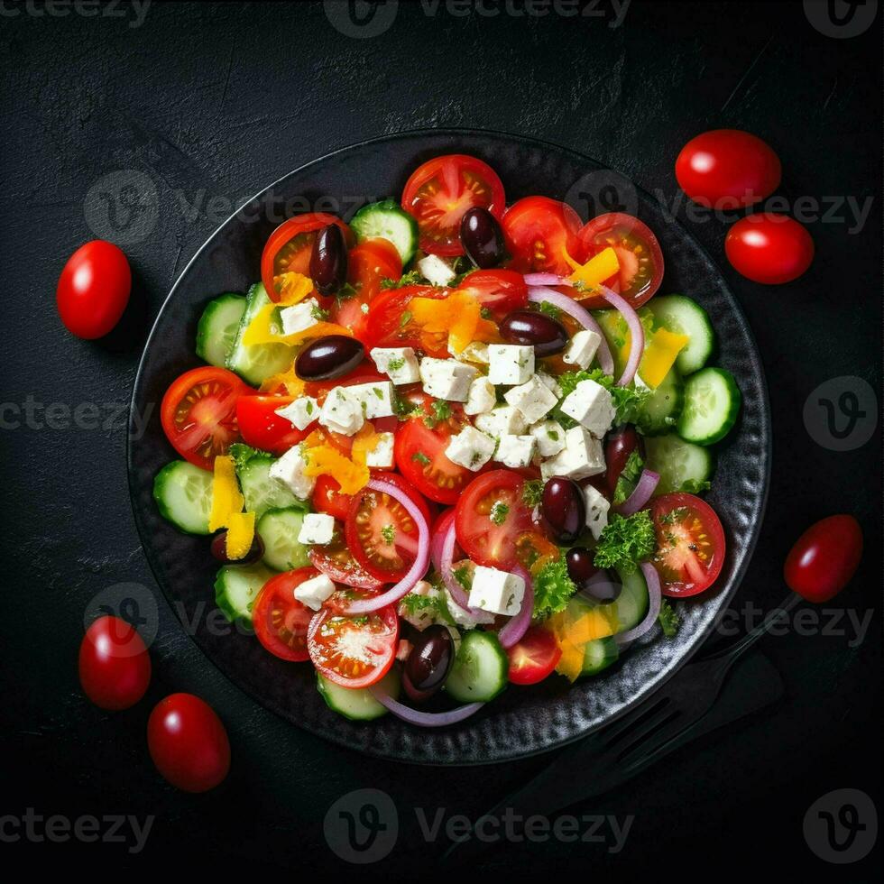 Healthy green salad with fresh tomato, cucumber, red onion and lettuce in bowl on dark stone background. Top view. generative ai. photo
