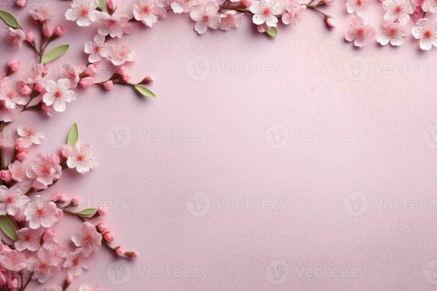 pink flowers in flatlay on pink background with copy space, top view. generative ai. photo