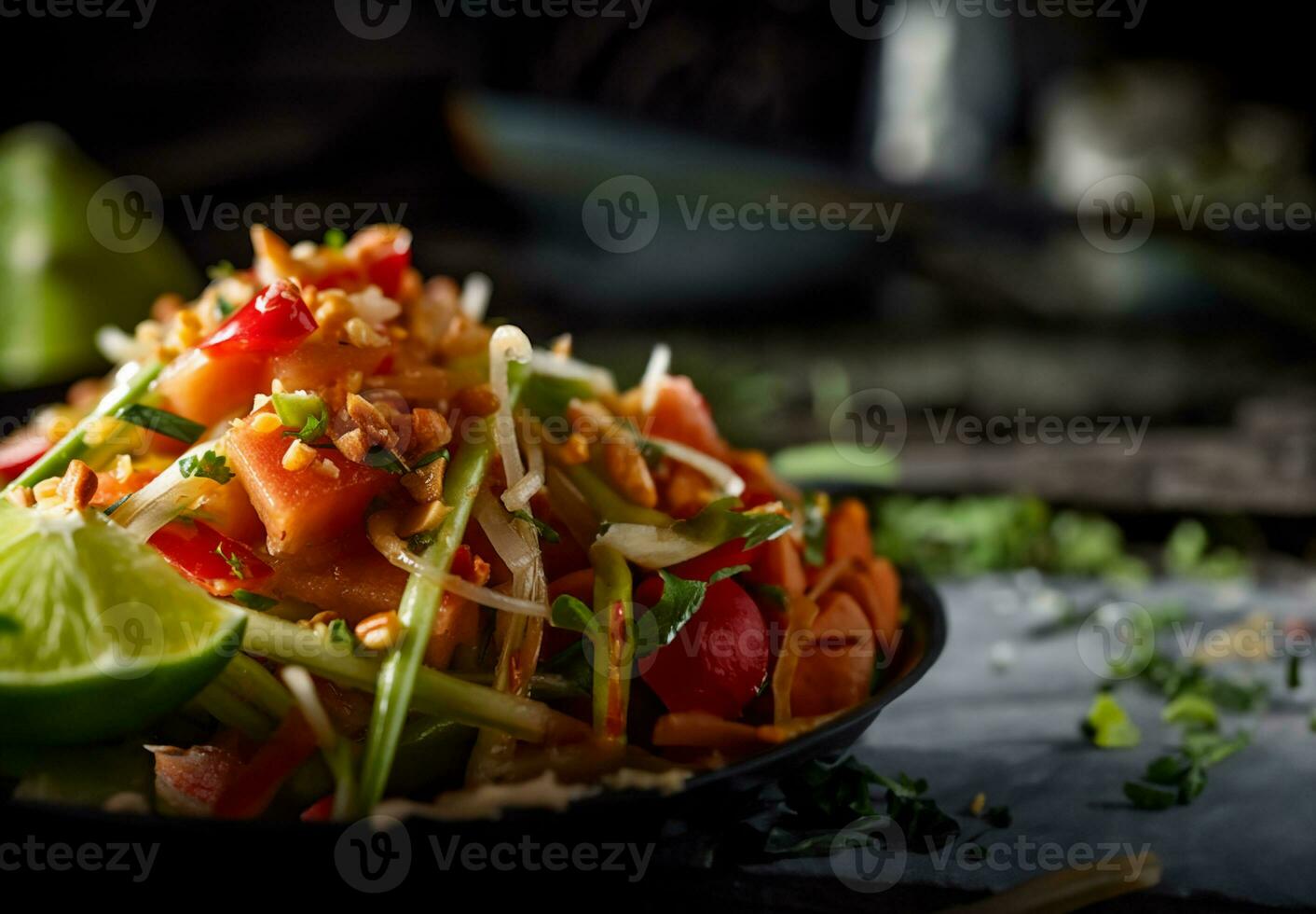 Somtum or papaya salad in Thai on wooden table .green papaya salad in plate on dark wooden background.Thai Food Concept. Generative Ai. photo