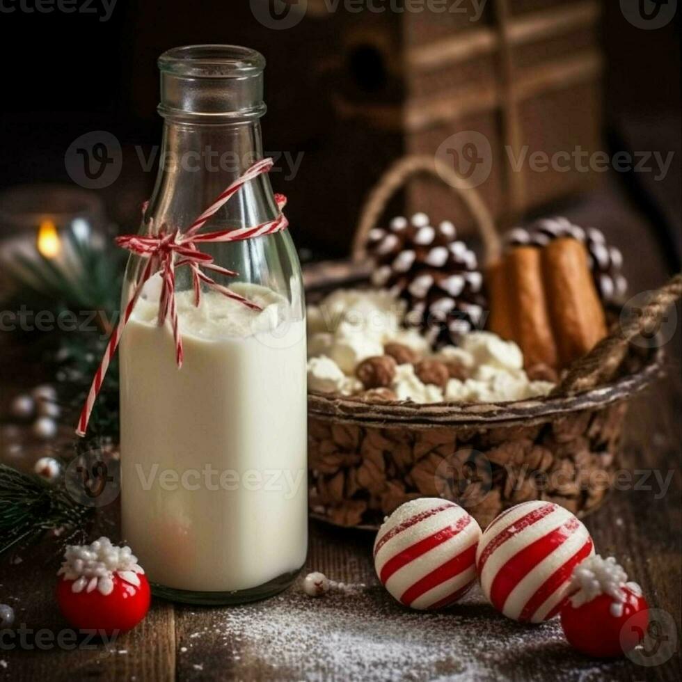 Milk for Santa. Traditional Christmas candy cane and bottle of milk with Christmas decor on rustic wooden table. generative ai. photo