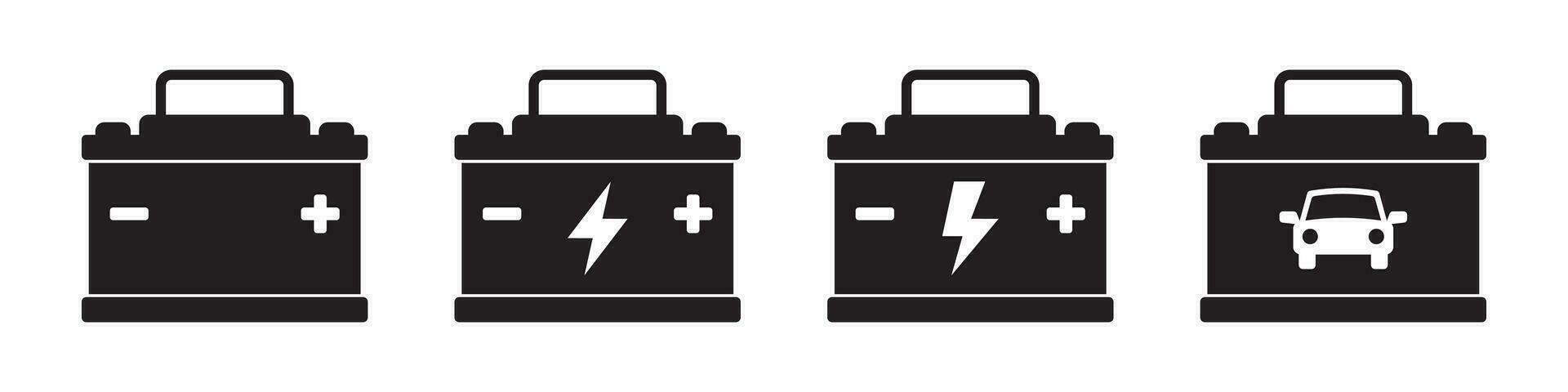 Car battery icon collection. Energy power accumulator. Automotive charge sign. Auto battery symbol isolated on white background. Vector illustration.