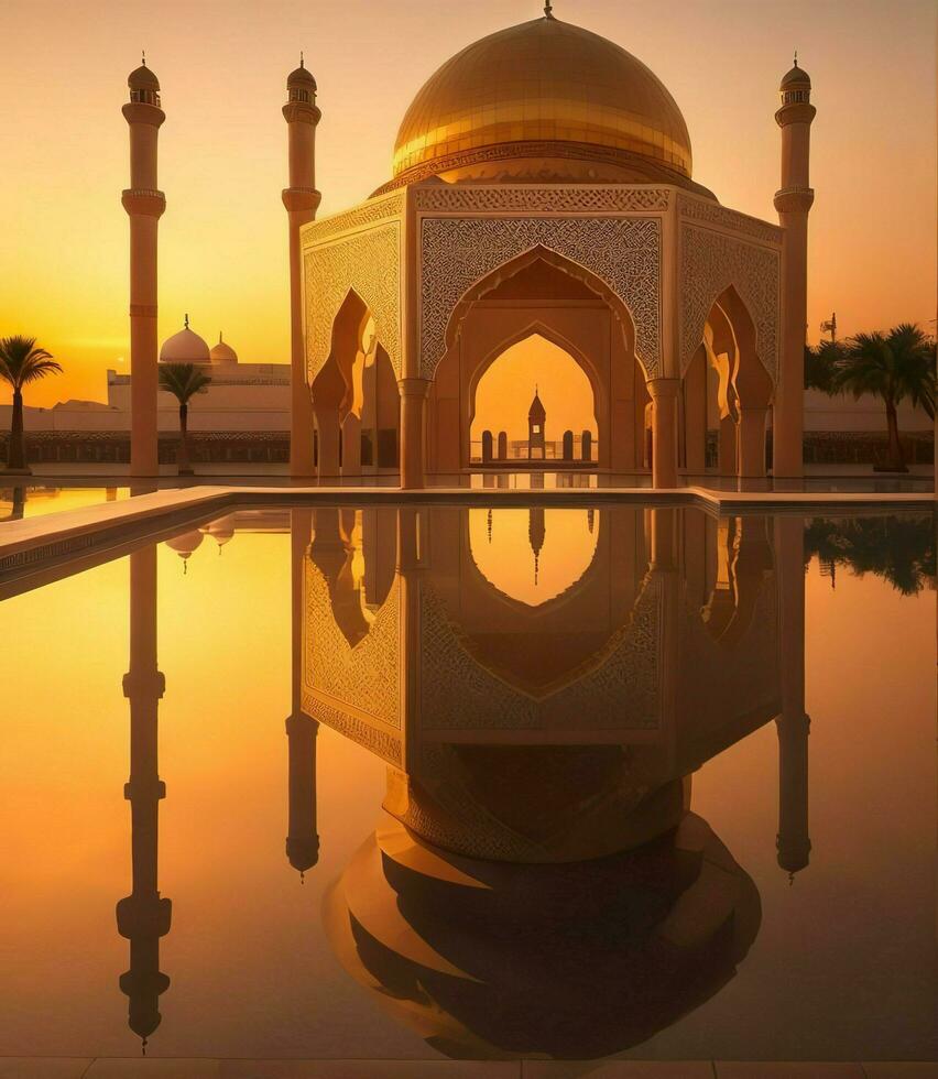 AI Generated. AI Generative - Golden Elegance - Islamic Architecture at Sunset photo