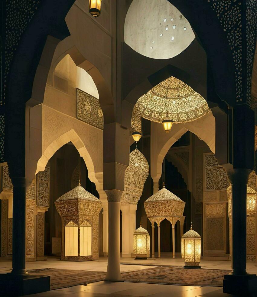 AI Generated. AI Generative - Luminous Unity - Moonlit Devotion in the Mosque Courtyard photo