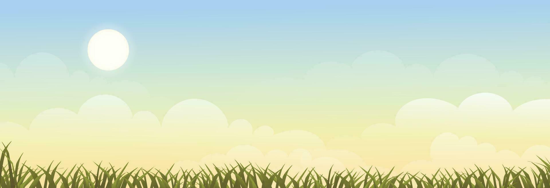 primavera fondo, amanecer verano paisaje en pueblo con verde campo, nube y azul cielo fondo.rural campo y pradera con puesta de sol en otoño,vector naturaleza paisaje dibujos animados antecedentes vector