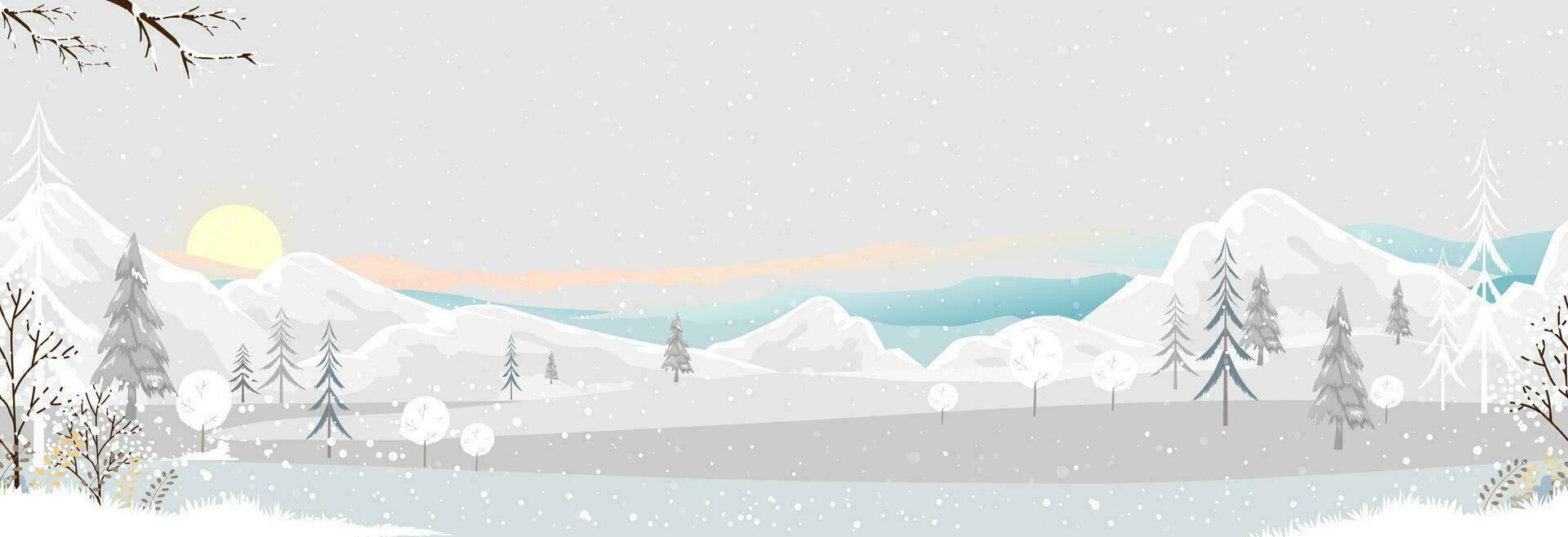 Navidad fondo, perfecta modelo invierno paisaje amanecer con Nevado cubierto en montaña y bosque árbol.vector dibujos animados horizonte invierno mundo maravilloso con tormenta de nieve con puesta de sol, nueva año bandera vector