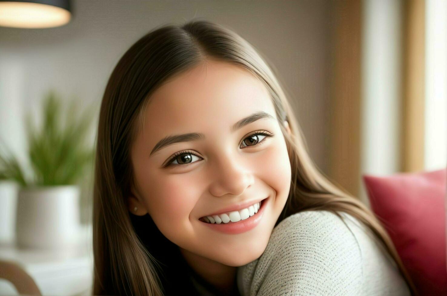 AI Generated. AI Generative - Radiant Joy - Close-Up Portrait of a Cheerful Girl in Modern Home photo