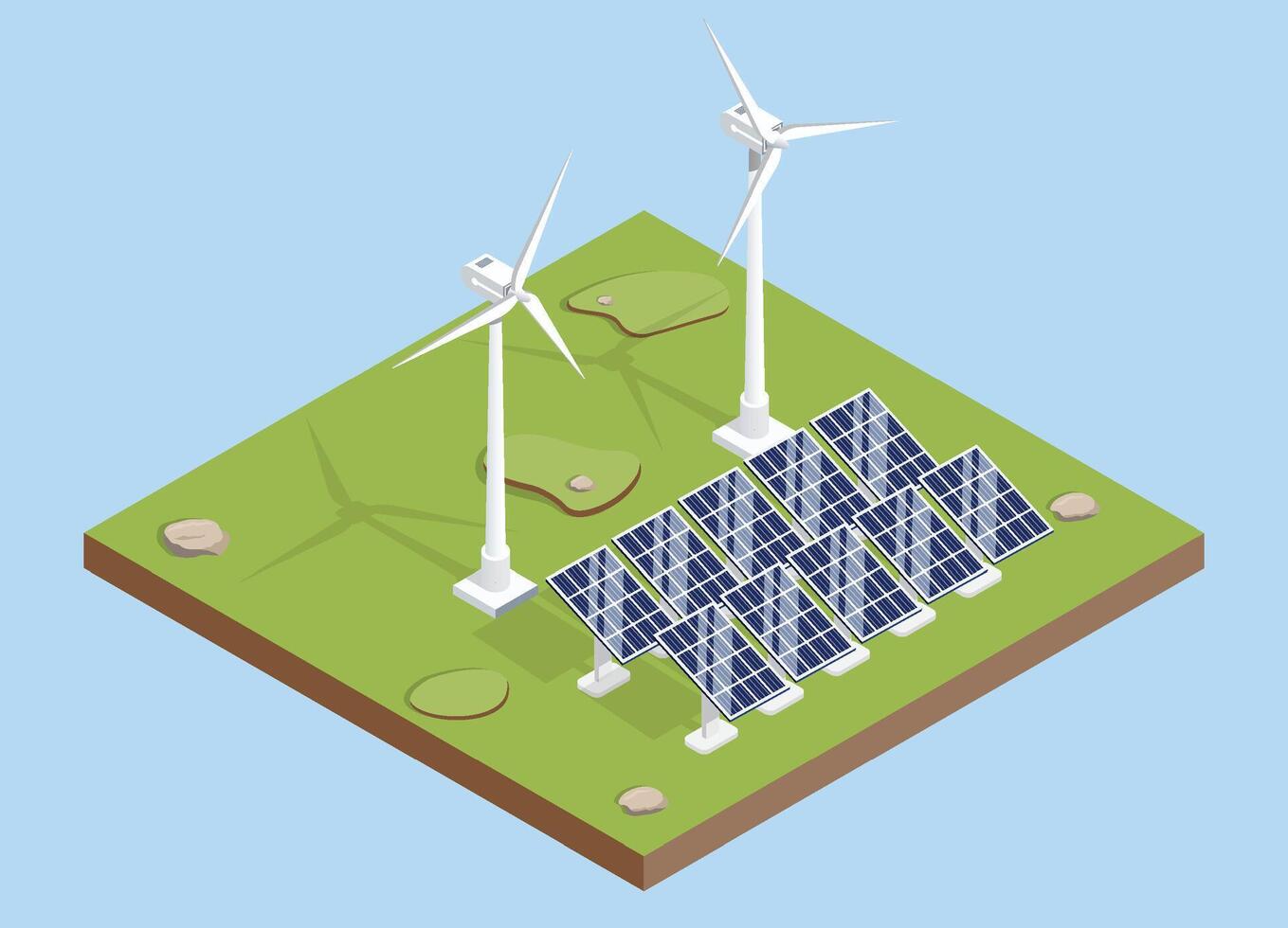 Solar panels and windmill turbines for electricity grid. Renewable electric sun wind power plant station. Isometric vector. vector