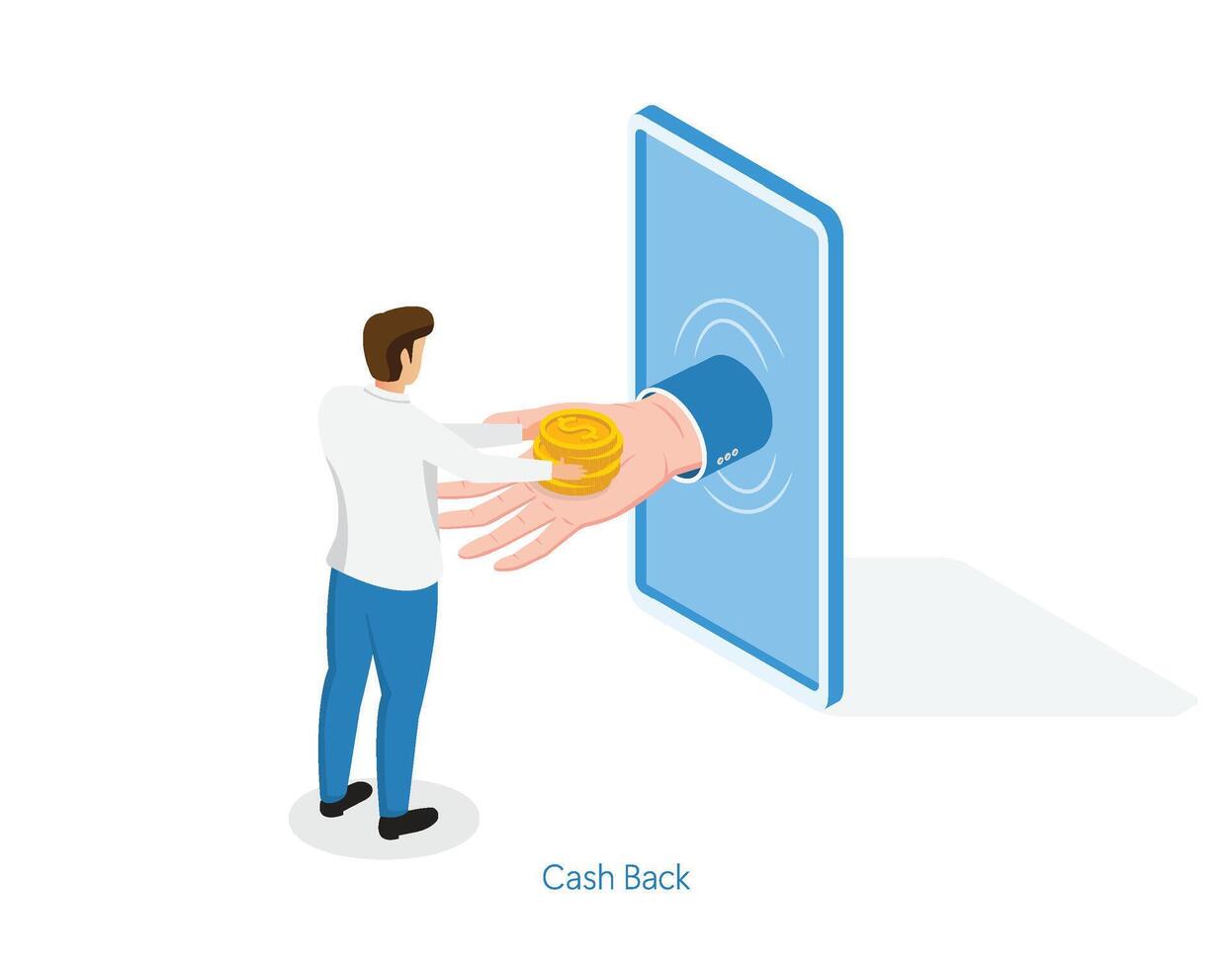 Hand is holding gold coins from a smartphone. Cash back service. isometric vector. vector