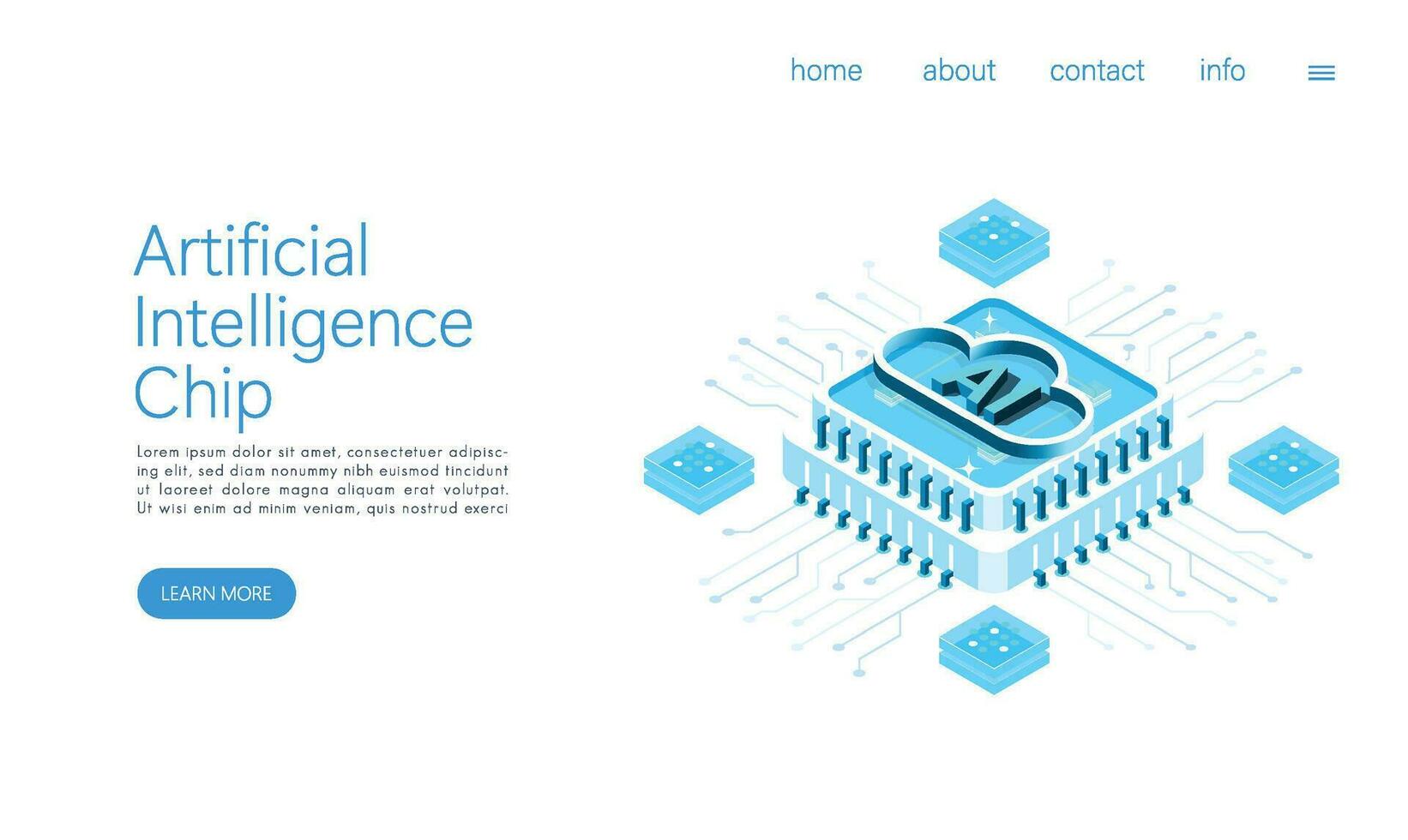 Landing page template ai cpu digital technology. artificial intelligence computer. Abstract futuristic hitech style. computing processor board chip wallpaper. Isometric vector. vector