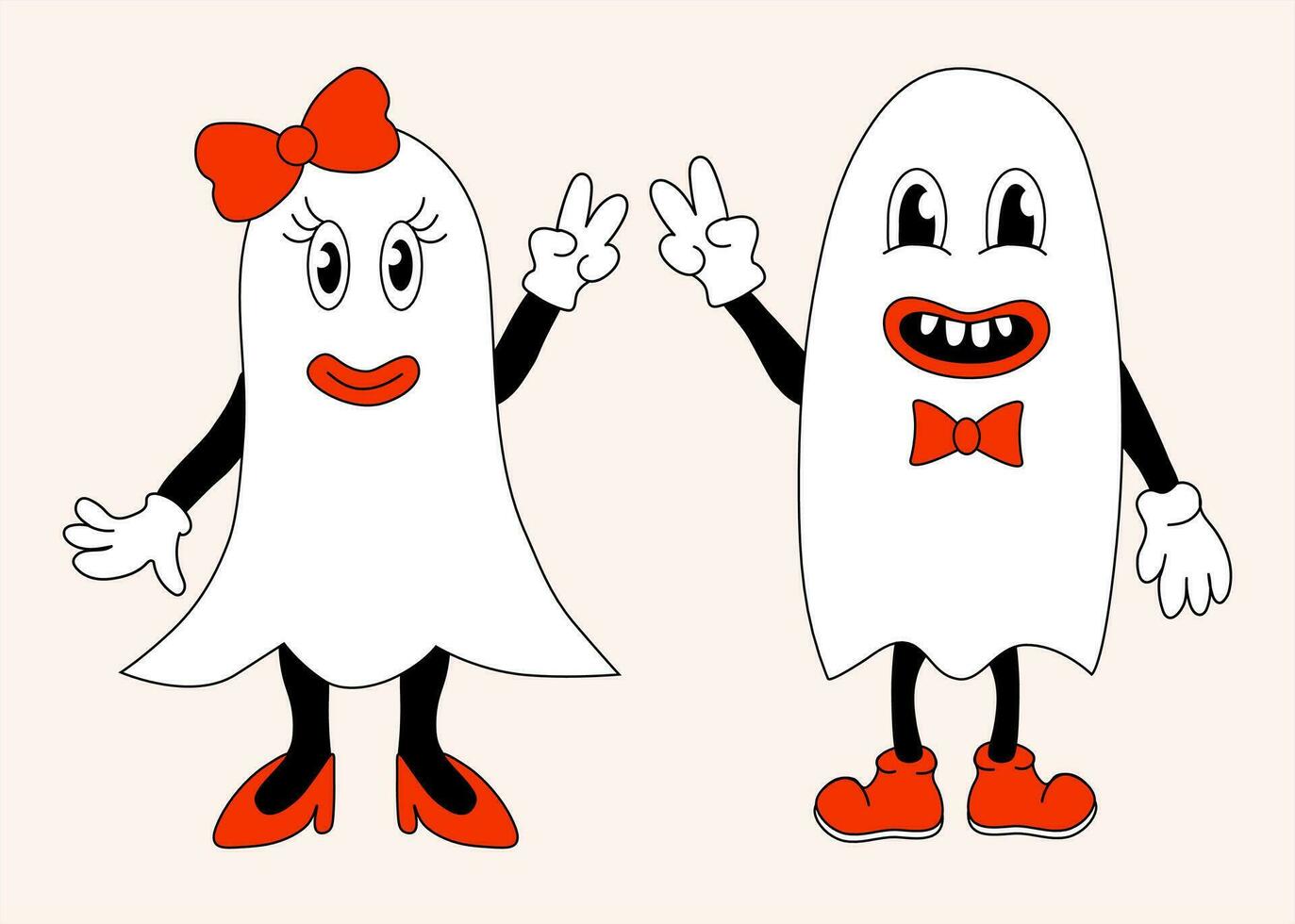 Retro 70s 60s 80s Hippie Groovy Halloween Ghosts girl and boy show the peace sign. Vector flat illustration.