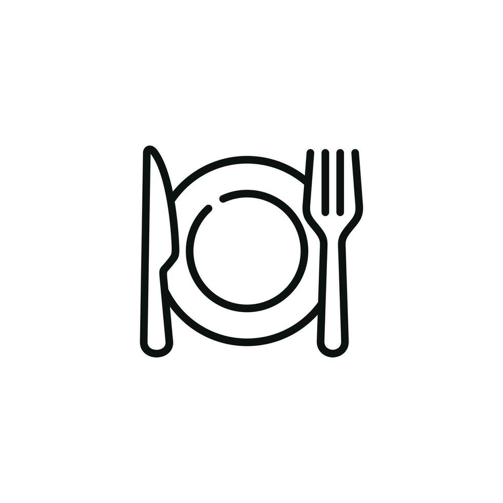 Restaurant line icon isolated on white background. Fork, knife, and plate icon vector