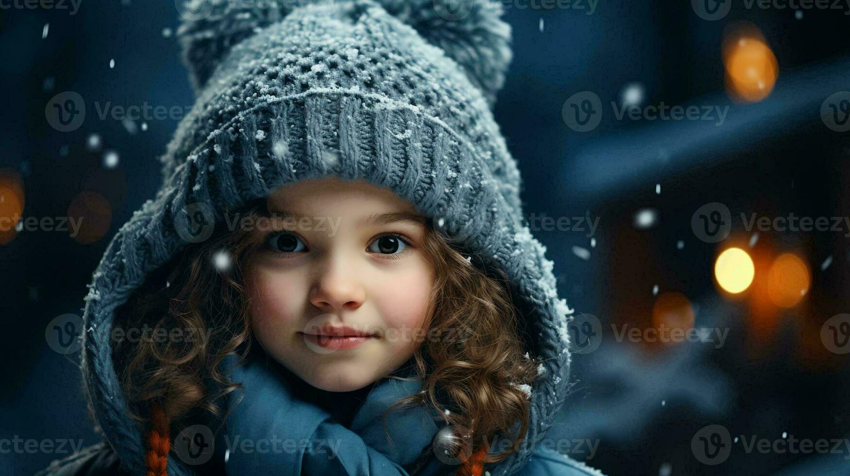 Little girl in a snowy winter hat for Christmas and New Year photo