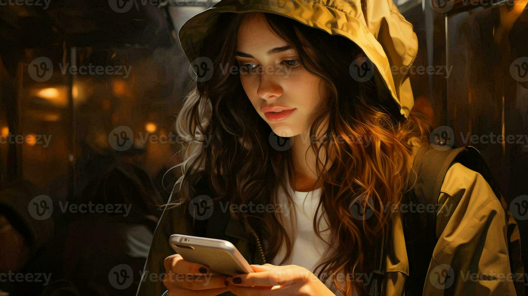 Beautiful young woman with a phone in her hands in a subway car. Close-up of a woman's face photo