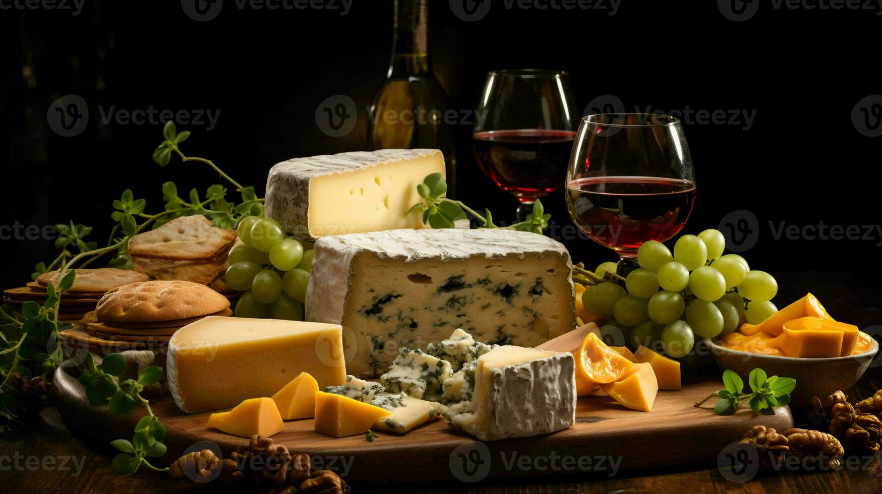 plato con delicioso meriendas con queso, frutas y vino foto