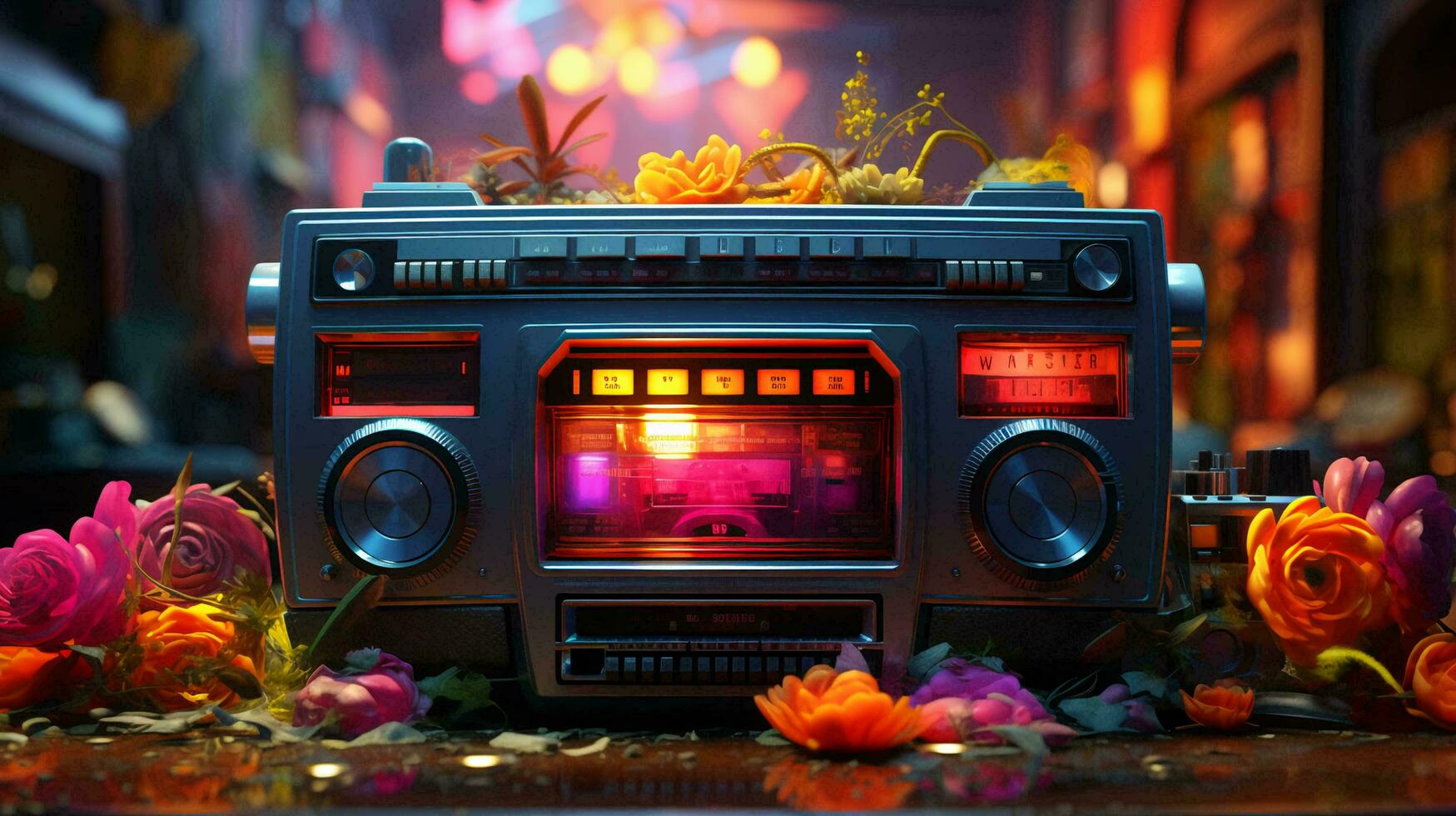 Old stylish vintage audio retro music cassette tape recorder poster from the 80s 90s photo