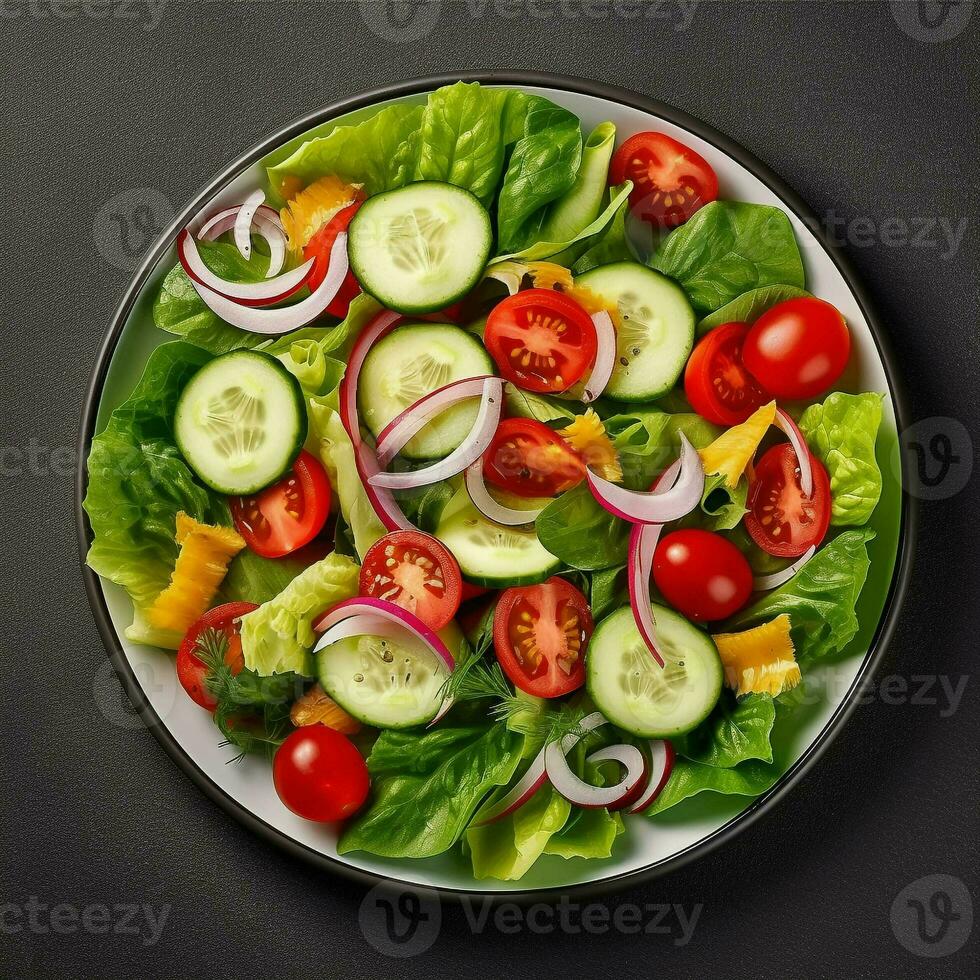 Healthy green salad with fresh tomato, cucumber, red onion and lettuce in bowl on dark stone background. Top view. generative ai. photo
