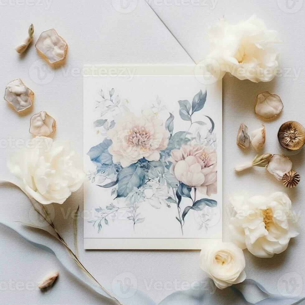 Card templates set with flowers, artistic design for business, wedding, anniversary invitation, flyers, brochures, table number, RSVP, Thank you card, Save the date card. Generative ai. photo