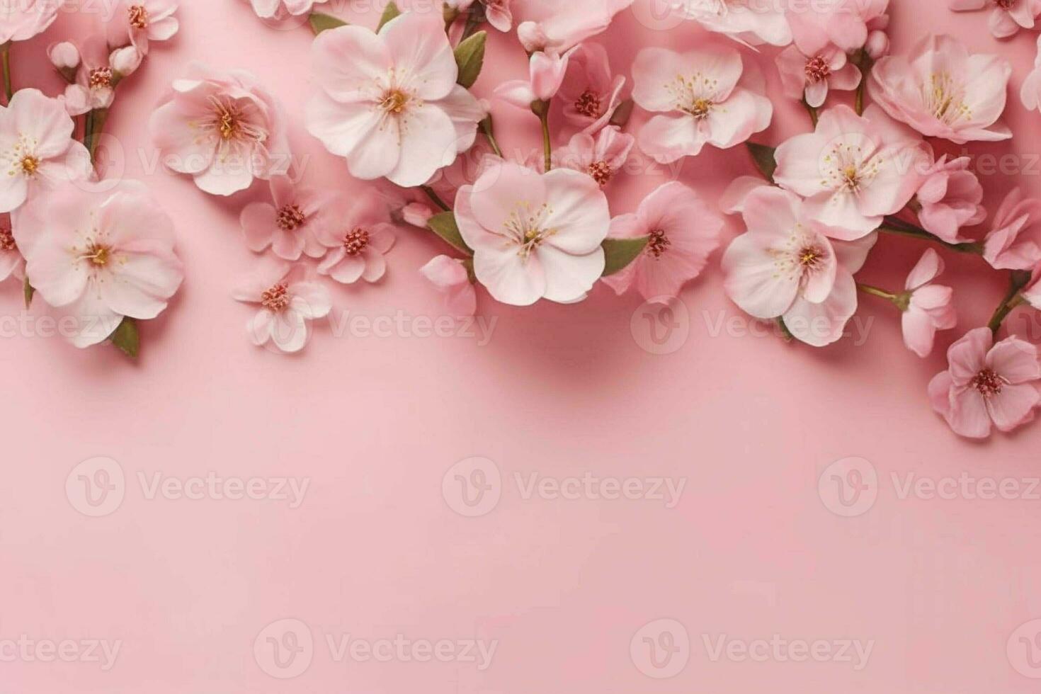 pink flowers in flatlay on pink background with copy space, top view. generative ai. photo