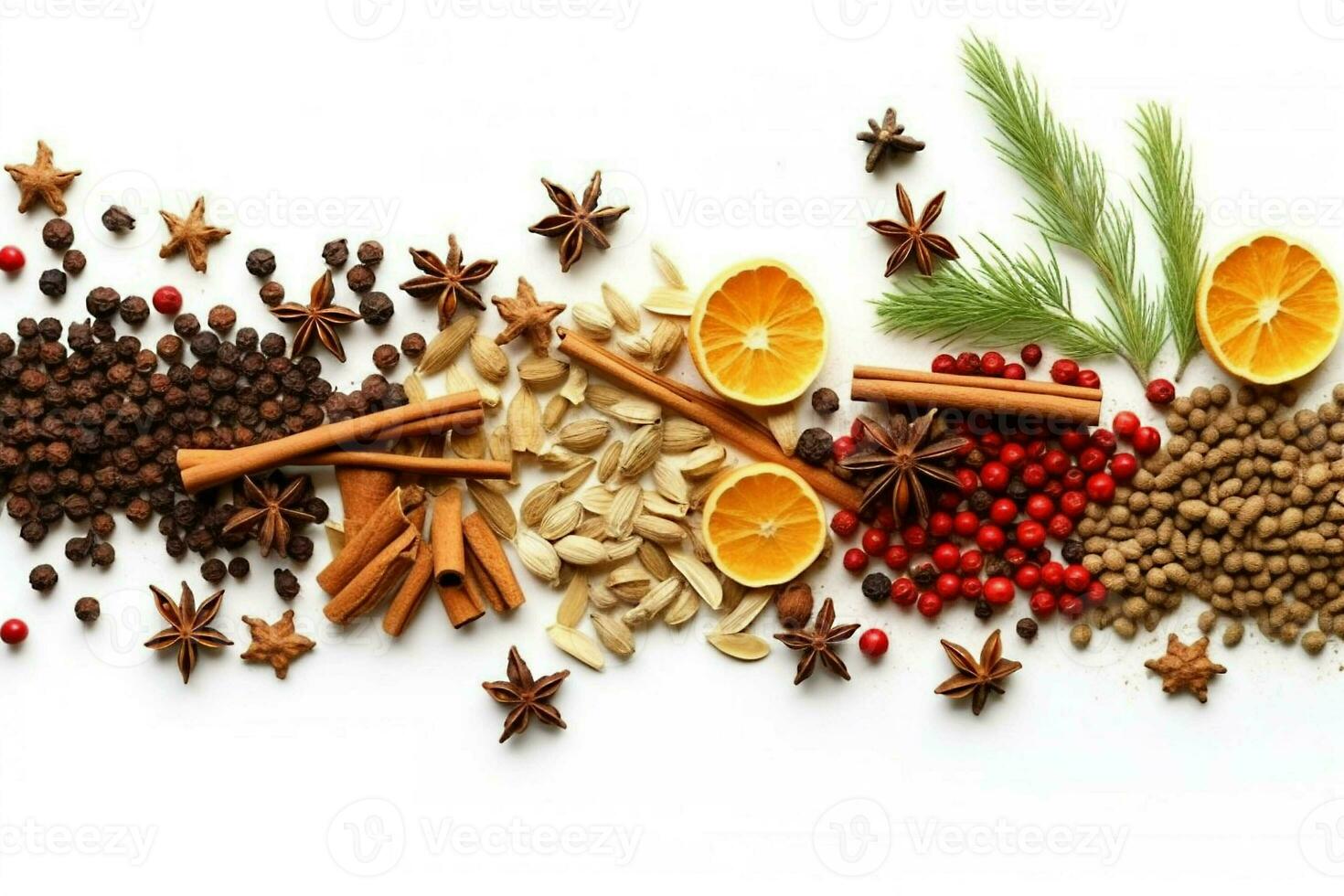 Christmas tree with cones, Christmas decorations on a white background.  copy space top view. generative ai. photo