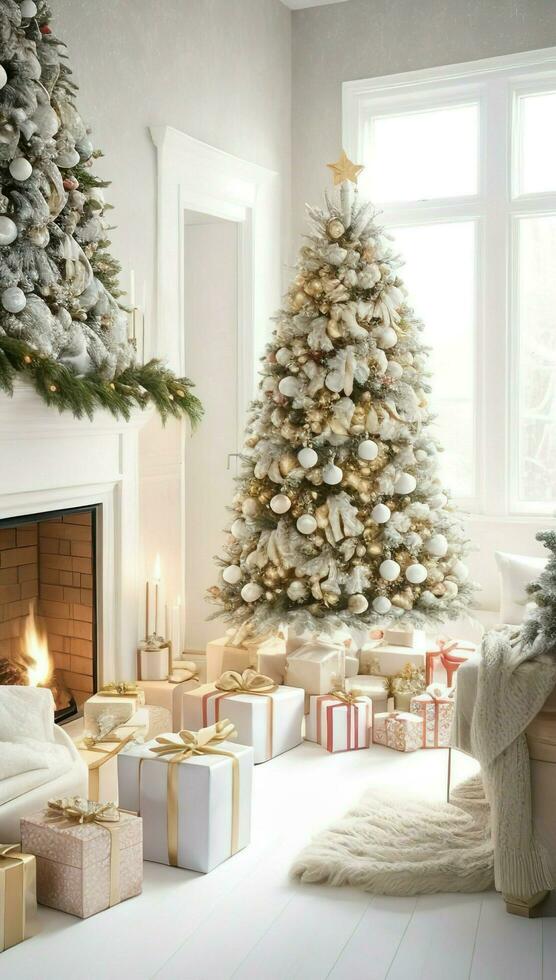 AI Generated. AI Generative - Enchanting Christmas - A Decorated Tree, Cozy Fireplace, and Festive Presents in a Charming Home photo