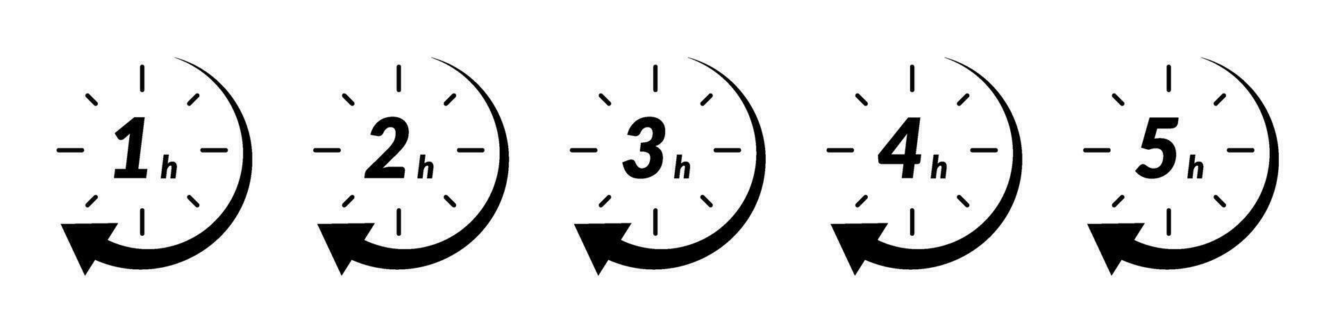 Fast delivery time icon with clock and arrow. for sale, offer, and discount logos. Features 2, 3, 4, and 5-hour marks in circle. Flat vector illustrations isolated in background.