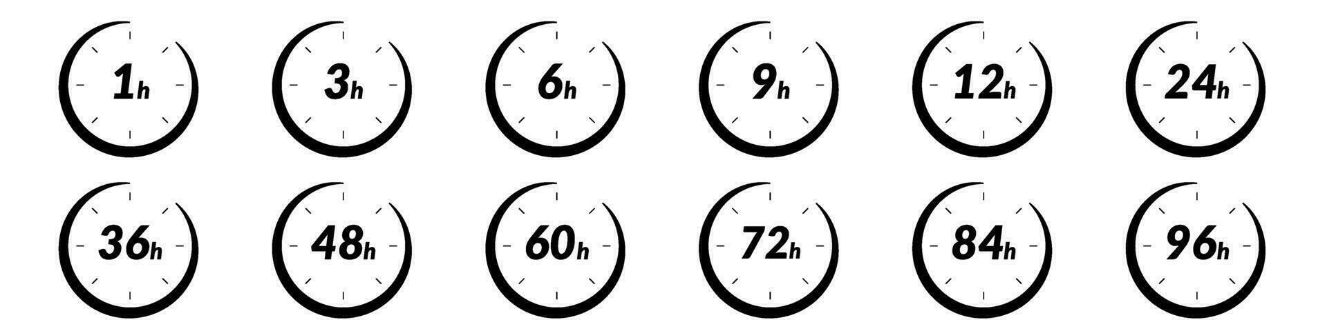 24h and 48h fast delivery time icon. Clock showing 12 and 6 hours, for sale and fast delivery logo. Represents 24, 36, and 72 hrs. Flat vector illustrations isolated in background.