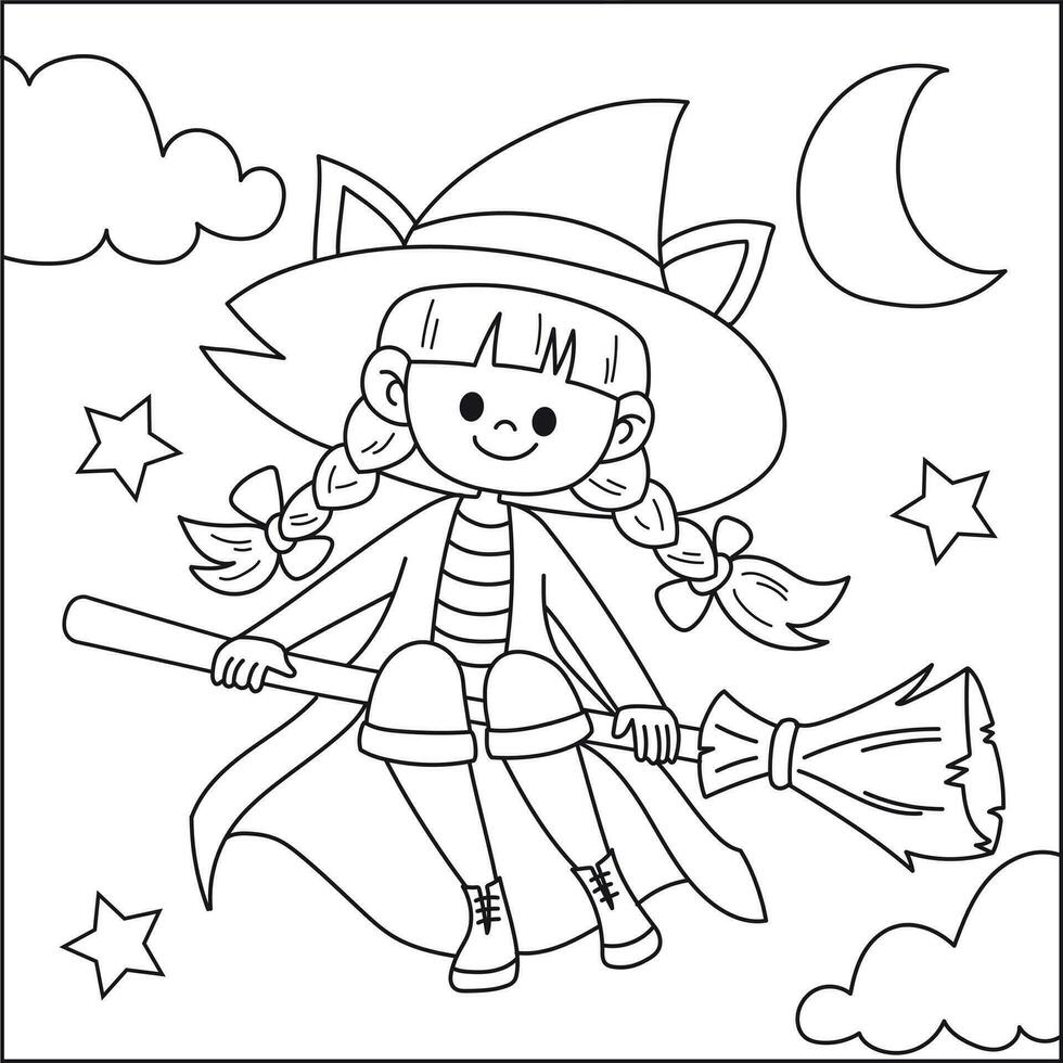 Cute witch flying on a broom Halloween colouring page for kid vector image