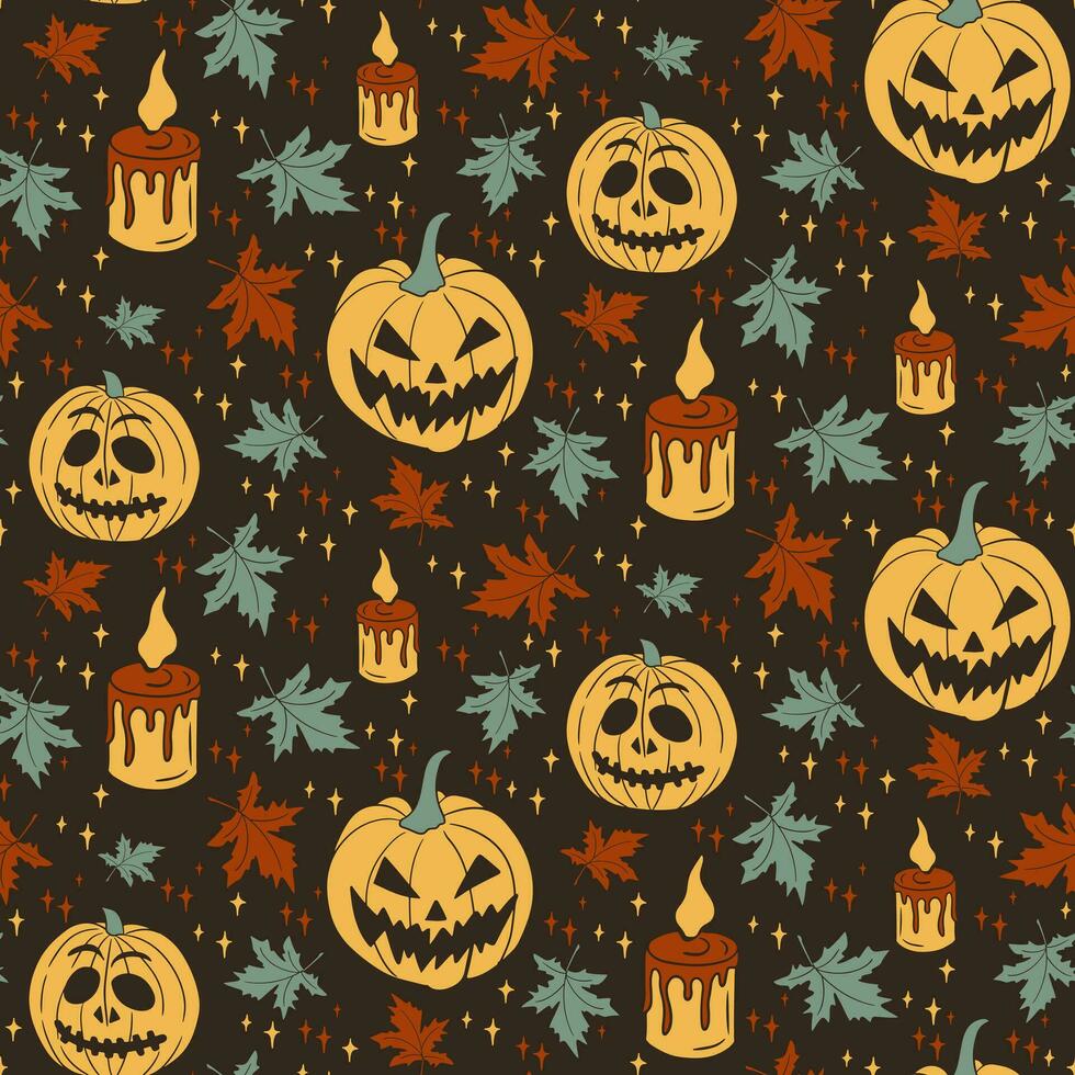 Retro colors vector silhouette halloween seamless pattern with scary pumpkins, leaves, candles and stars on dark background. Dark theme for spooky decoration, textile, wrapping paper, background