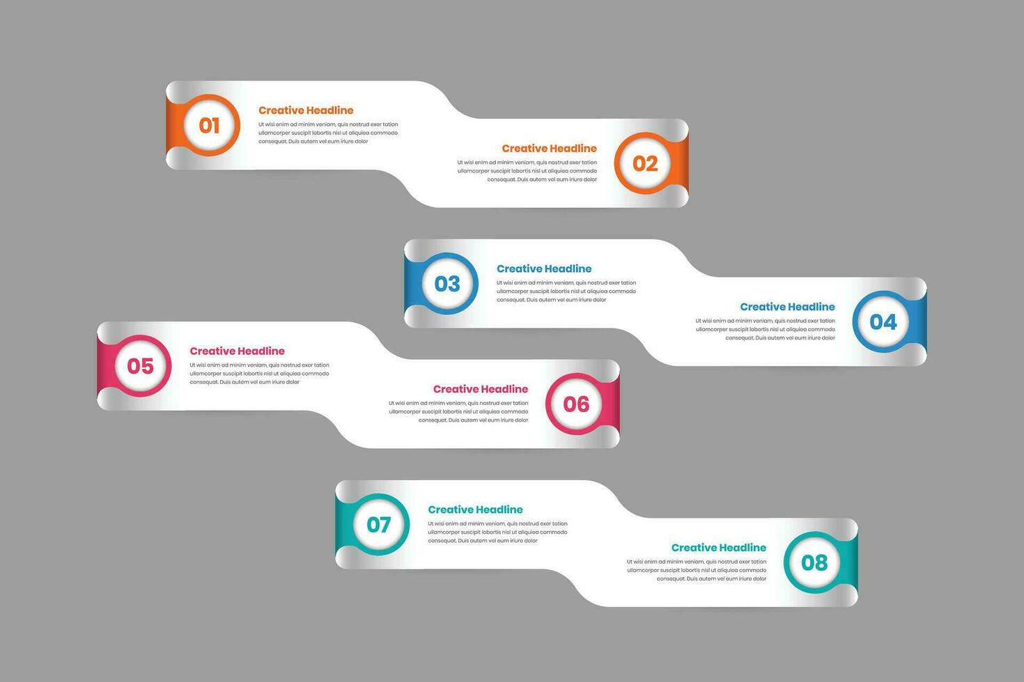 Business concept presentation eight step minimalist infographic template with number and twisted ribbon shape vector