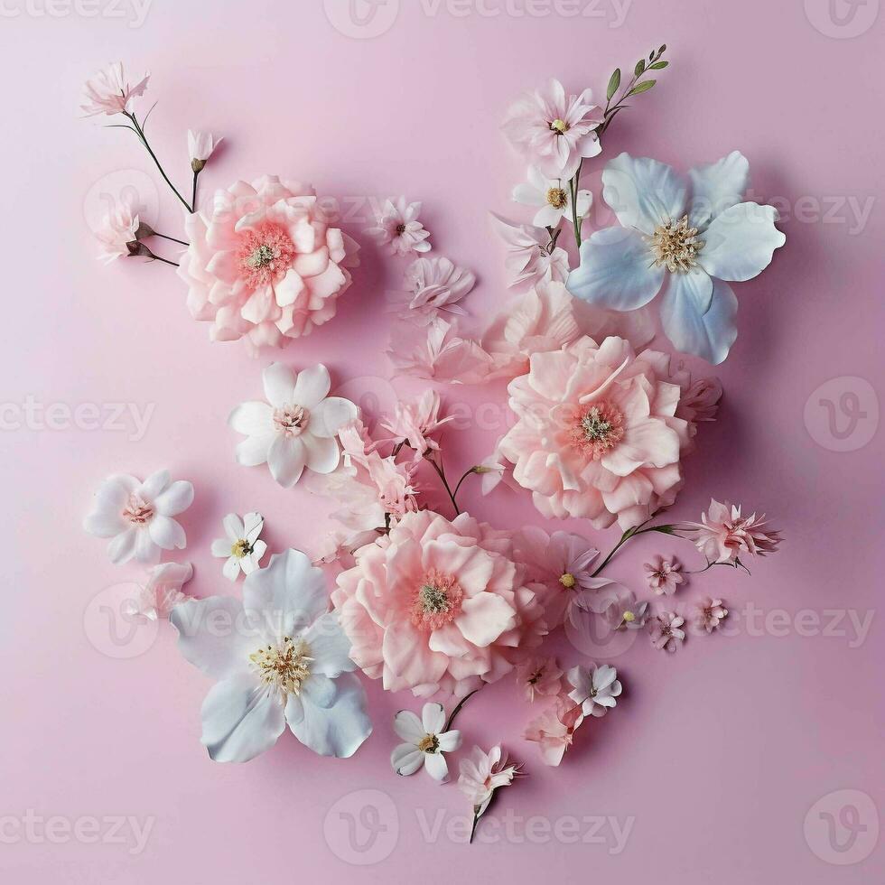 pink flowers in flatlay on pink background with copy space, top view. generative ai. photo